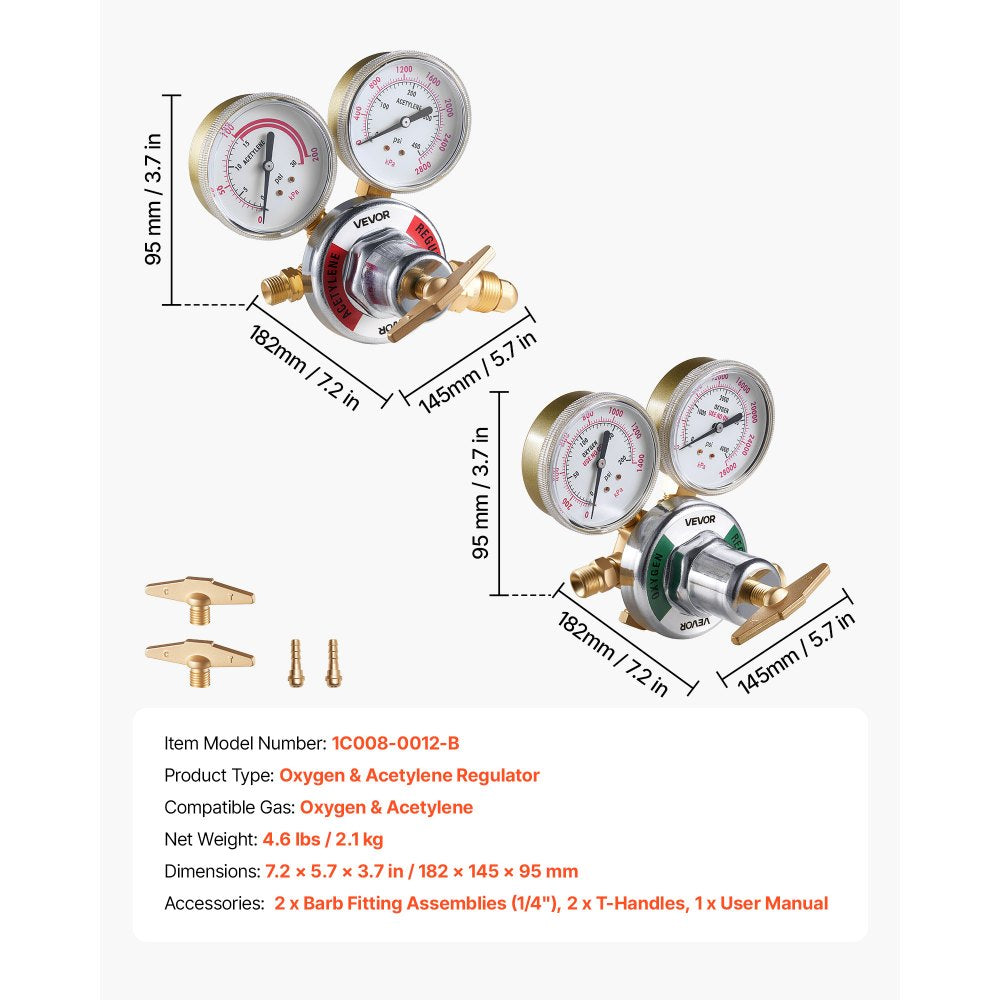 VEVOR Oxygen Acetylene Regulator Set, Oxy-Acetylene Regulators, 0-4000PSI and 0-400PSI Welding Gas Gauges with CGA-540/CGA-510 Inlet Connection & 9/16"-18 Outlet Connection, T-Handle Adjustment