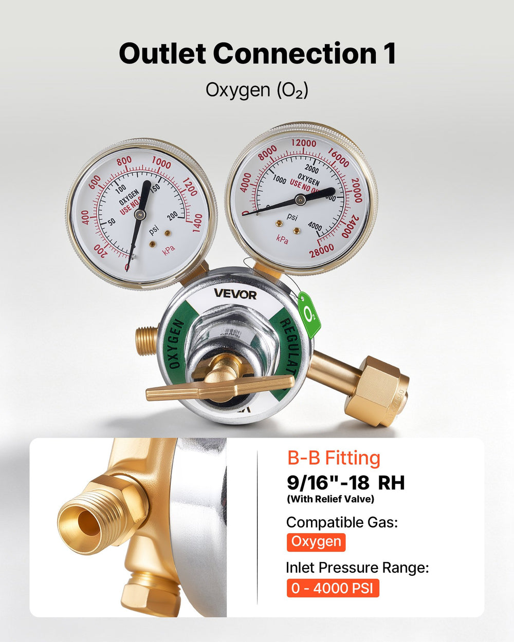 VEVOR Oxygen Acetylene Regulator Set, Oxy-Acetylene Regulators, 0-4000PSI and 0-400PSI Welding Gas Gauges with CGA-540/CGA-510 Inlet Connection & 9/16"-18 Outlet Connection, T-Handle Adjustment