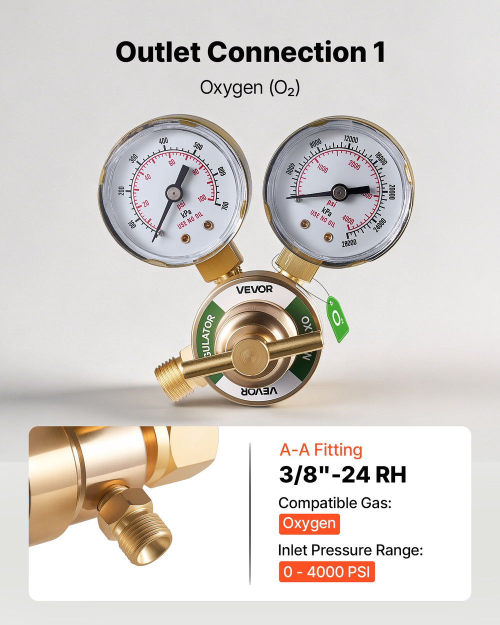 VEVOR Oxygen Acetylene Regulator Set, Oxy-Acetylene Regulators, 0-4000PSI and 0-400PSI Welding Gas Gauges with CGA-540/CGA-200 Inlet Connection & 3/8"-24 Outlet Connection, T-Handle Adjustment
