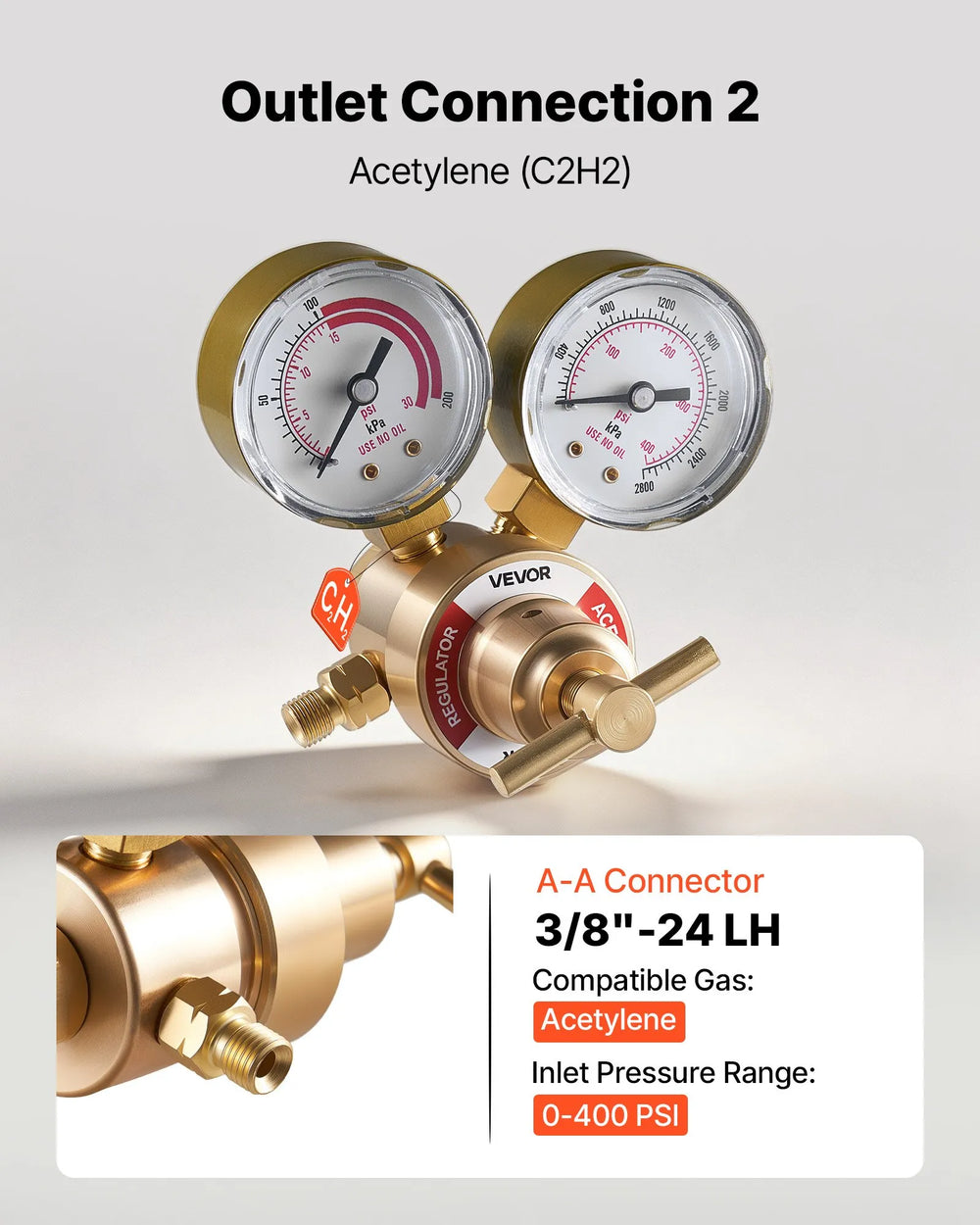 VEVOR Oxygen Acetylene Regulator Set, Oxy-Acetylene Regulators, 0-4000PSI and 0-400PSI Welding Gas Gauges with CGA-540/CGA-200 Inlet Connection & 3/8"-24 Outlet Connection, T-Handle Adjustment