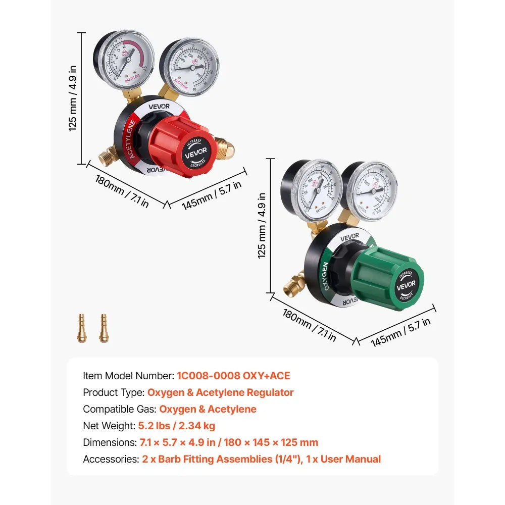 VEVOR Oxygen Acetylene Regulator Set, Oxy-Acetylene Regulators, 0-4000PSI and 0-500PSI Welding Gas Gauges with CGA-540/CGA-510 Inlet Connection & 9/16"-18 Outlet Connection, PC Knob Adjustment