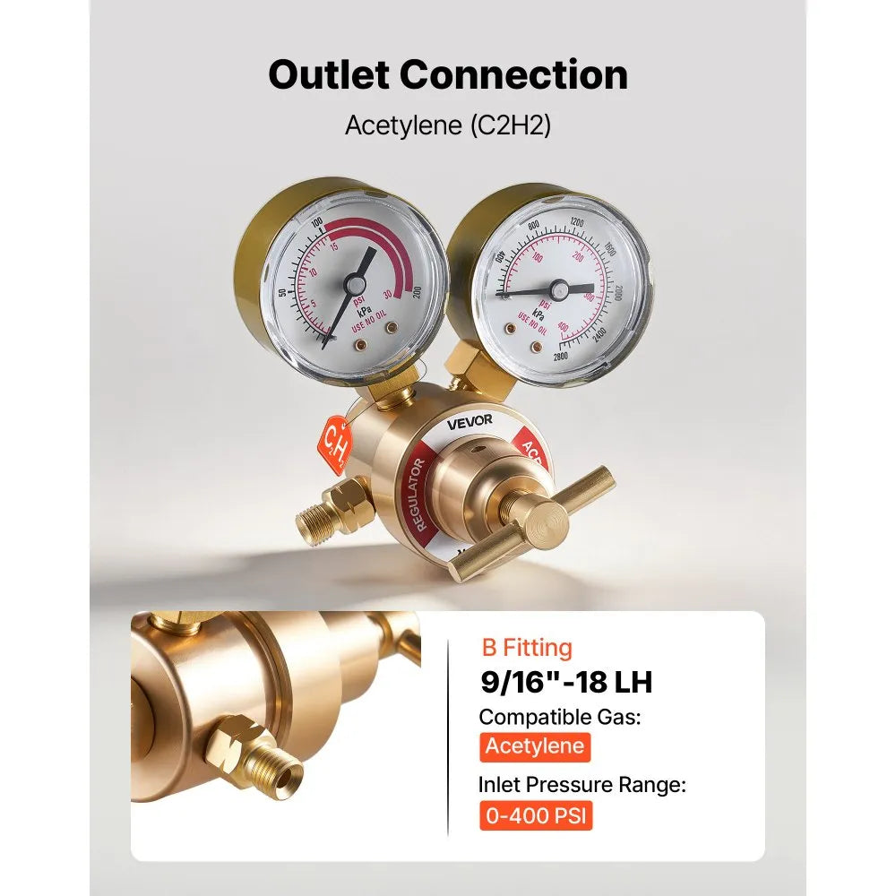 VEVOR Acetylene Regulator, Precise Acetylene Regulator, 0-400PSI Welding Gas Gauge with CGA-200 Inlet Connection & 9/16"-18 LH Outlet Connection, T-Handle Adjustment