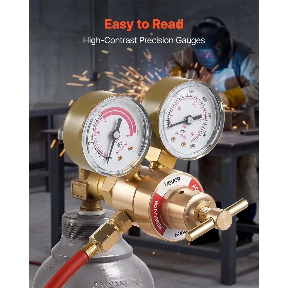 VEVOR Acetylene Regulator, Precise Acetylene Regulator, 0-400PSI Welding Gas Gauge with CGA-200 Inlet Connection & 9/16"-18 LH Outlet Connection, T-Handle Adjustment