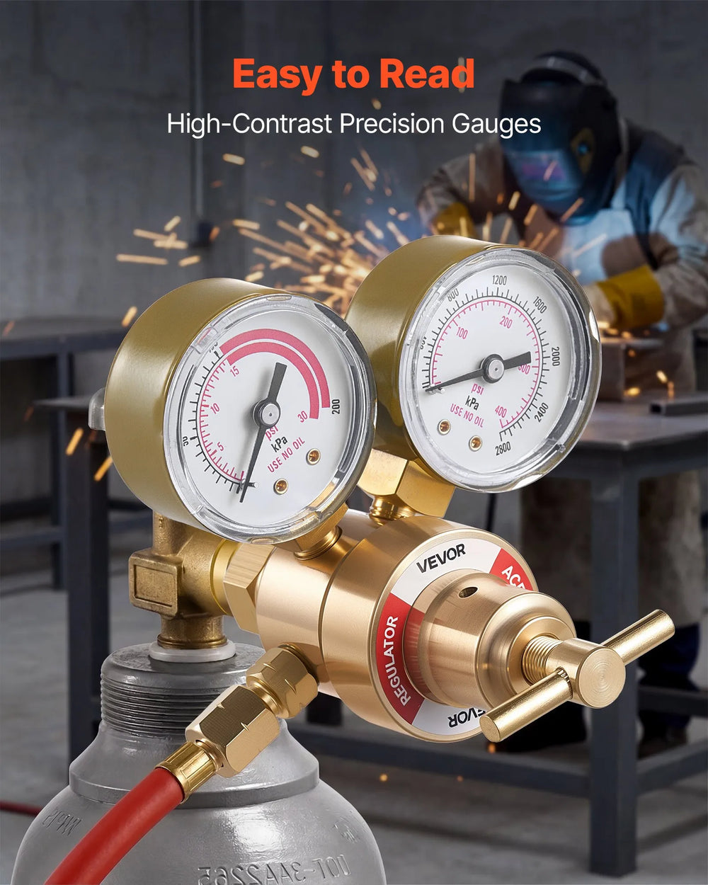 VEVOR Acetylene Regulator, Precise Acetylene Regulator, 0-400PSI Welding Gas Gauge with CGA-200 Inlet Connection & 9/16"-18 LH Outlet Connection, T-Handle Adjustment
