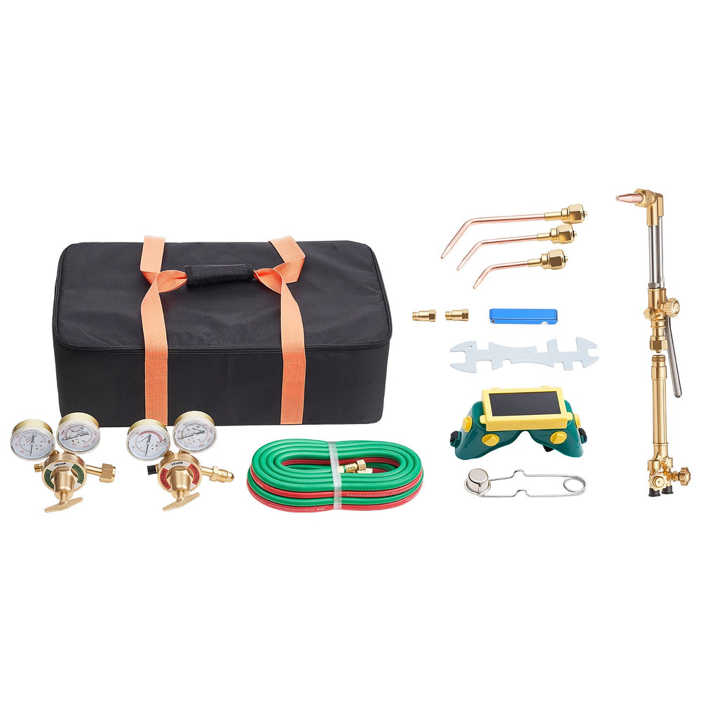 VEVOR Oxygen Acetylene Torch Kit with Check Valves, Gas Welding Cutting Torch Kit, Heavy Duty Oxy Acetylene Brazing Set with 15FT Twin-Hose, 1 Cutting Tip, 3 Welding Tips, 2 Gas Regulators & Tool Bag