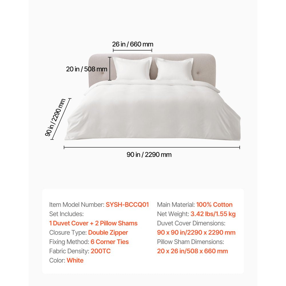 VEVOR Queen Duvet Cover Set, 100% Cotton, 3 Pieces Bedding Set Queen Size with 1 Duvet Cover 90 x 90 in and 2 Pillow Shams 20 x 26 in, Soft Breathable, Double Zipper Closure, for Home Bedding, White