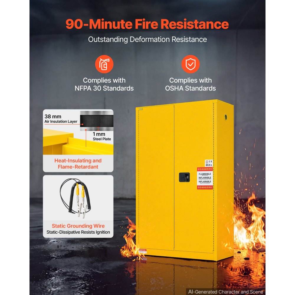 VEVOR Flammable Storage Cabinet, 18" x 43" x 70", Industrial Fire Cabinet, Fire & Explosion Proof, Double-Wall Cold Rolled Steel, 2-Door Hazardous Safety Cabinet with 2 Adjustable Shelves & Key Lock