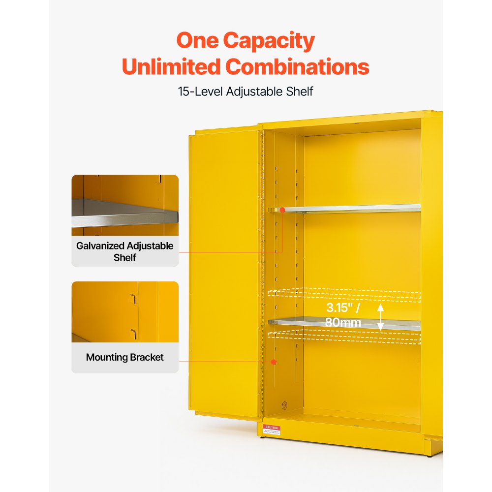 VEVOR Flammable Storage Cabinet, 18" x 43" x 70", Industrial Fire Cabinet, Fire & Explosion Proof, Double-Wall Cold Rolled Steel, 2-Door Hazardous Safety Cabinet with 2 Adjustable Shelves & Key Lock