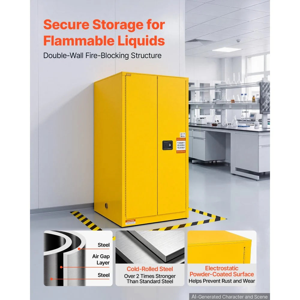 VEVOR Flammable Storage Cabinet, 34" x 34" x 65", Industrial Fire Cabinet, Fire & Explosion Proof, Double-Wall Cold Rolled Steel, 2-Door Hazardous Safety Cabinet with 2 Adjustable Shelves & Key Lock
