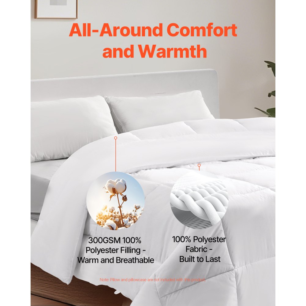 VEVOR Comforter Duvet Insert, 88 x 88 in, Queen Size Down Alternative Comforter, Quilted All Season Duvet with 4 Tabs, Soft & Machine Washable, Box Stitched Bedding for Home Hotel, Women/Men, White