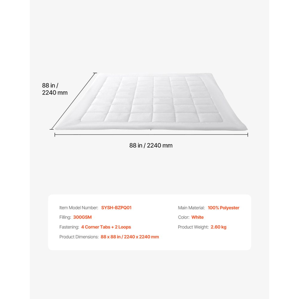 VEVOR Comforter Duvet Insert, 88 x 88 in, Queen Size Down Alternative Comforter, Quilted All Season Duvet with 4 Tabs, Soft & Machine Washable, Box Stitched Bedding for Home Hotel, Women/Men, White