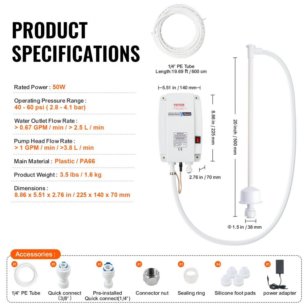 VEVOR Bottled Water Dispenser Pump System, 5 Gallon Dispensing System, Automatic Electric Water Dispenser, Single Inlet Water Jug Pump, Compatible Use with Coffee/Tea Machine, Refrigerator, Ice Maker