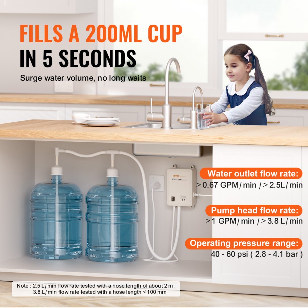 VEVOR Bottled Water Dispenser Pump System, 2x5 Gallon Dispensing System, Automatic Electric Water Dispenser, Double-Pipe Water Jug Pump, Compatible Use with Coffee/Tea Machine, Refrigerator, Ice Maker