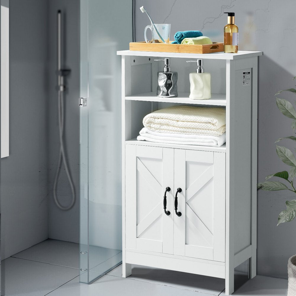 VEVOR Bathroom Floor Cabinet, 4-Tier, Wooden Storage Organizer with 2 Doors and Adjustable Shelf, Modern Bathroom Furniture Home Decor Freestanding Cupboard for Kitchen/Living Room/Entryway Use, White