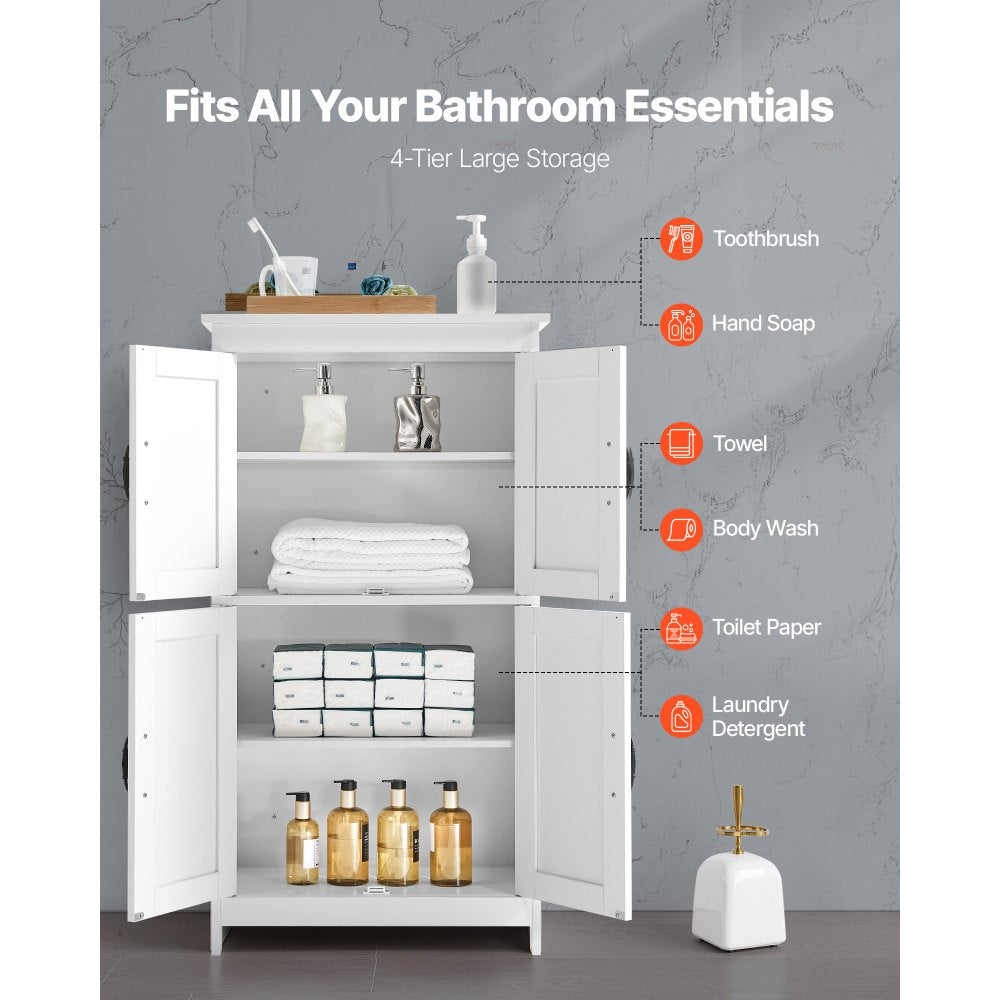VEVOR Bathroom Floor Cabinet, 4-Tier, Wooden Storage Organizer with 4 Doors and Adjustable Shelf, Modern Bathroom Furniture Home Decor Freestanding Cupboard for Kitchen/Living Room/Entryway Use, White