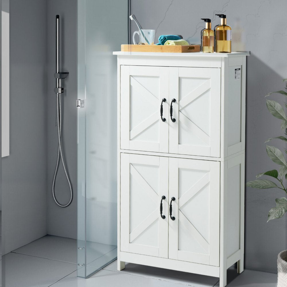 VEVOR Bathroom Floor Cabinet, 4-Tier, Wooden Storage Organizer with 4 Doors and Adjustable Shelf, Modern Bathroom Furniture Home Decor Freestanding Cupboard for Kitchen/Living Room/Entryway Use, White