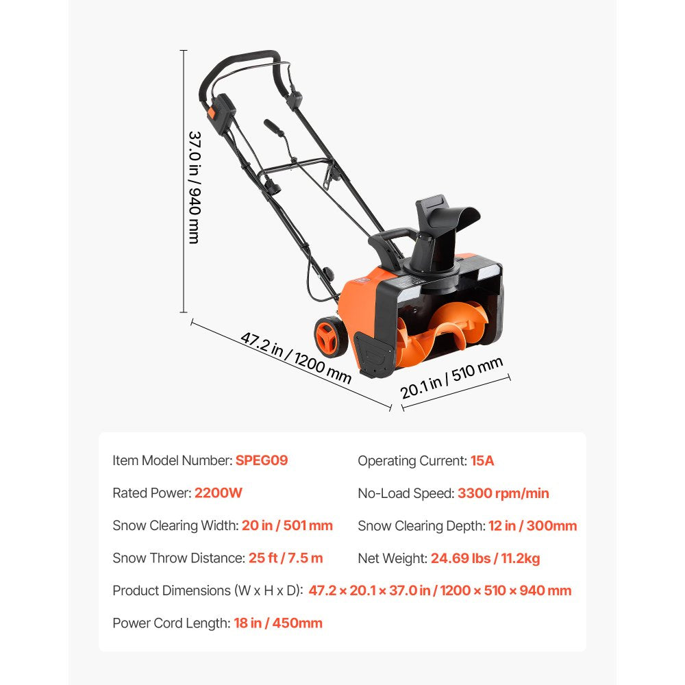 VEVOR Electric Snow Blower, 20 inch 15A Corded Snow Thrower with Dual LED Headlights & 180° Rotating Chute, 25FT Throwing Distance, 12" Depth Clearing, Walk-Behind Snowblower for Driveway Sidewalk