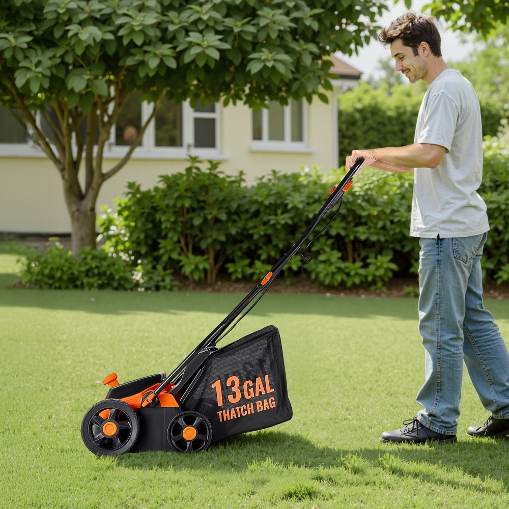 VEVOR 2-in-1 Electric Dethatcher and Scarifier, 13-Inch 13 Amp, Corded Lawn Dethatcher with 13-Gallon Thatch Collection Bag, 5-Position Depth Adjustment, Walk Behind Machine for Garden Yard Grass