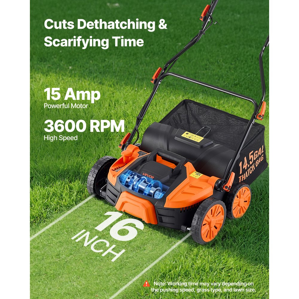 VEVOR 2-in-1 Electric Dethatcher and Scarifier, 16-Inch 15 Amp, Corded Lawn Dethatcher with 14.5-Gallon Thatch Collection Bag, 5-Position Depth Adjustment, Walk Behind Machine for Garden Yard Grass