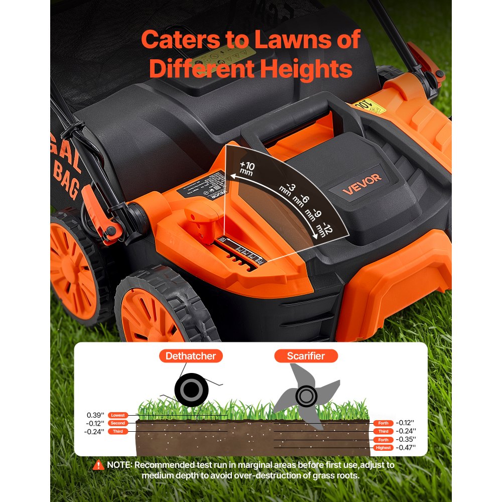 VEVOR 2-in-1 Electric Dethatcher and Scarifier, 16-Inch 15 Amp, Corded Lawn Dethatcher with 14.5-Gallon Thatch Collection Bag, 5-Position Depth Adjustment, Walk Behind Machine for Garden Yard Grass