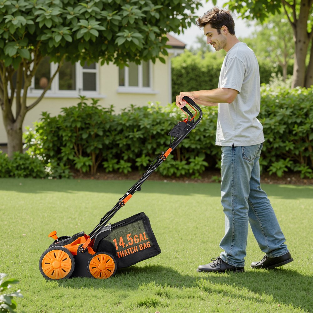 VEVOR 2-in-1 Electric Dethatcher and Scarifier, 16-Inch 15 Amp, Corded Lawn Dethatcher with 14.5-Gallon Thatch Collection Bag, 5-Position Depth Adjustment, Walk Behind Machine for Garden Yard Grass