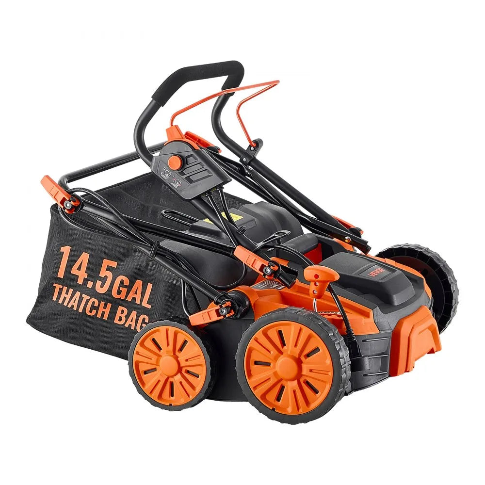 VEVOR 2-in-1 Electric Dethatcher and Scarifier, 16-Inch 15 Amp, Corded Lawn Dethatcher with 14.5-Gallon Thatch Collection Bag, 5-Position Depth Adjustment, Walk Behind Machine for Garden Yard Grass