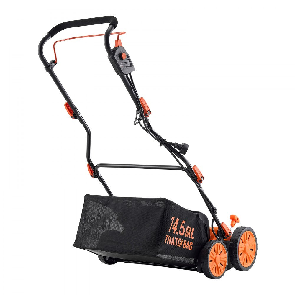 VEVOR 2-in-1 Electric Dethatcher and Scarifier, 16-Inch 15 Amp, Corded Lawn Dethatcher with 14.5-Gallon Thatch Collection Bag, 5-Position Depth Adjustment, Walk Behind Machine for Garden Yard Grass