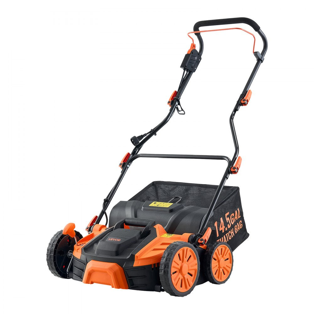 VEVOR 2-in-1 Electric Dethatcher and Scarifier, 16-Inch 15 Amp, Corded Lawn Dethatcher with 14.5-Gallon Thatch Collection Bag, 5-Position Depth Adjustment, Walk Behind Machine for Garden Yard Grass