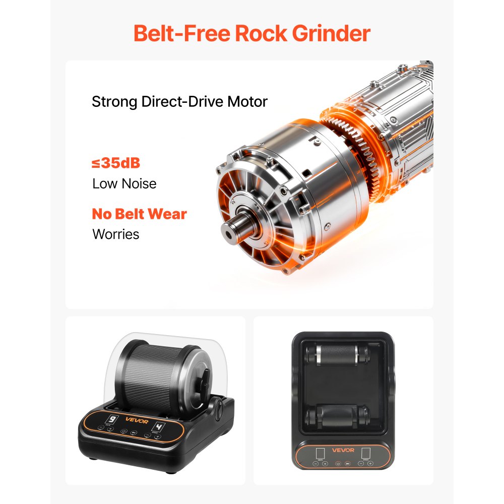 VEVOR Rock Tumbler, 2 lb Rock Polishing Machine, Rocks Tumbling Kit with 4-Speed Adjustment, 1–9 Day Timer, PC Sound Reduction Cover & TPU Drum, Direct Drive Motor Rocks Polishing, Quiet Operation