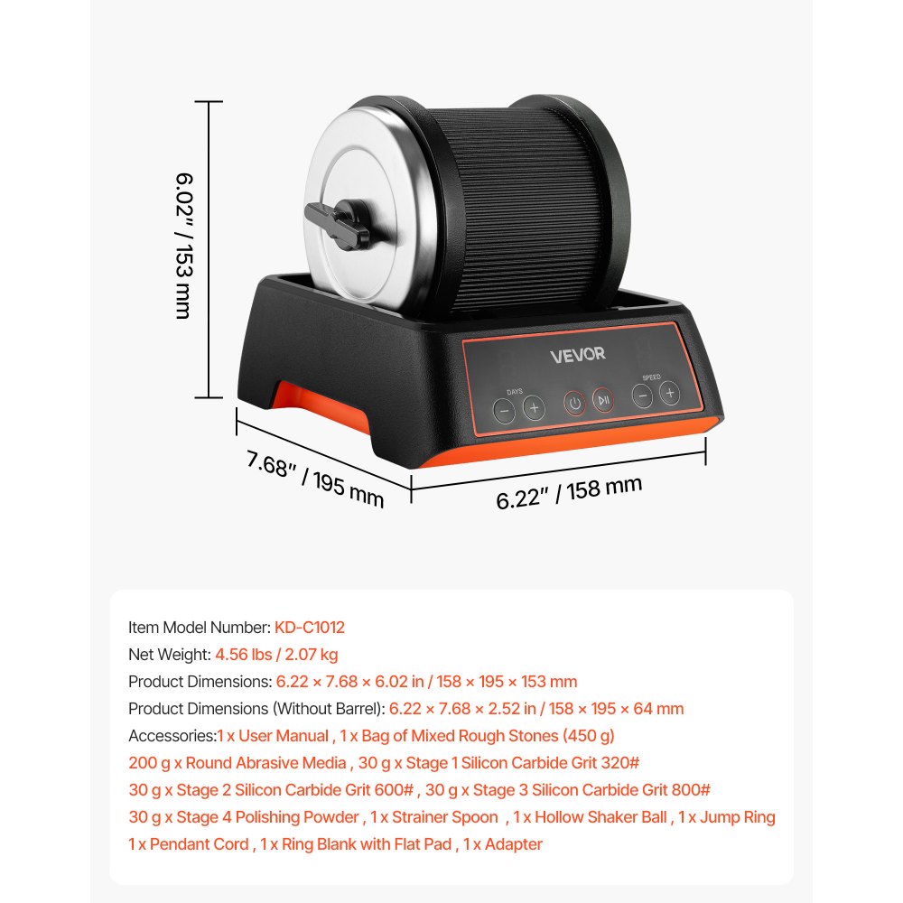 VEVOR Rock Tumbler Kit, 2 lbs Rock Polishing Kit, 4 Speed Settings 9-Day Polishing Timer Stone Polishing Kit, Rock Polisher with Rough Gemstones and Polishing Grits, Rock Polisher for Adults Kids