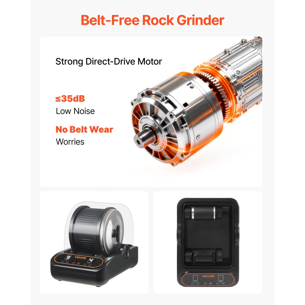VEVOR Rock Tumbler Kit 3 lbs Rock Polishing Machine Rocks Tumbling Kit, for Adults Beginners and Hobbyists, 4 Speed, 1-9 Day Timer, with PC Sound Reduction Cover & TPU Drum, Direct Drive Motor