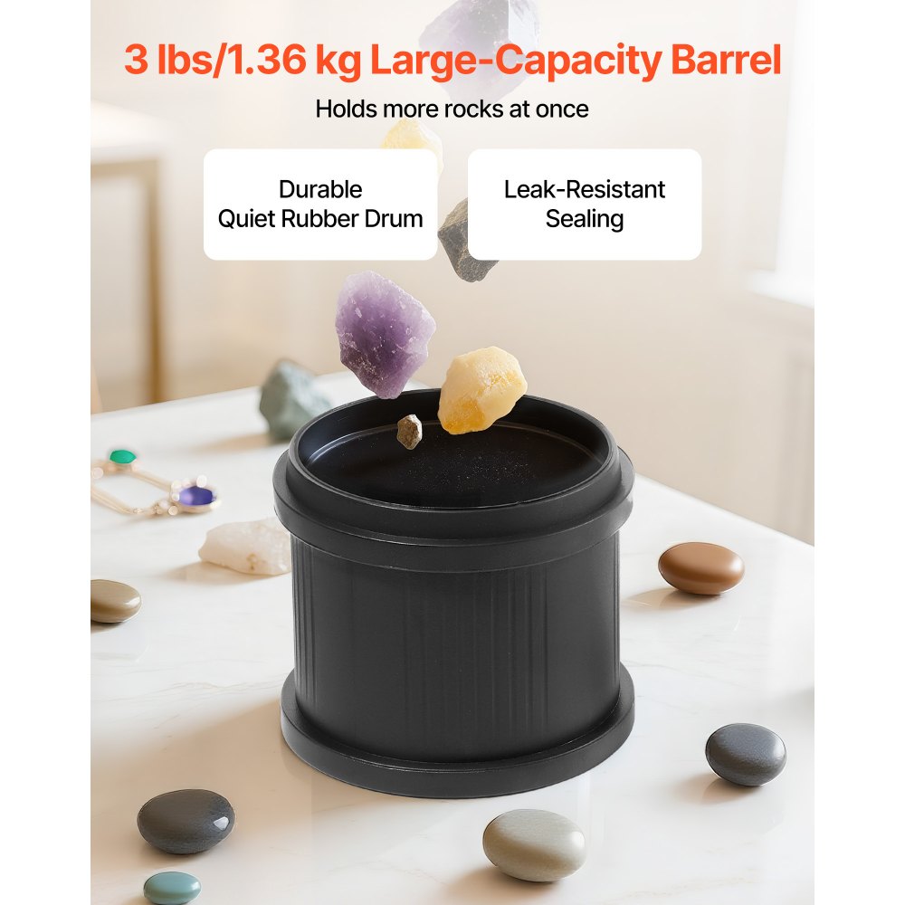 VEVOR Rock Tumbler Kit 3 lbs Rock Polishing Machine Rocks Tumbling Kit, for Adults Beginners and Hobbyists, 4 Speed, 1-9 Day Timer, with PC Sound Reduction Cover & TPU Drum, Direct Drive Motor