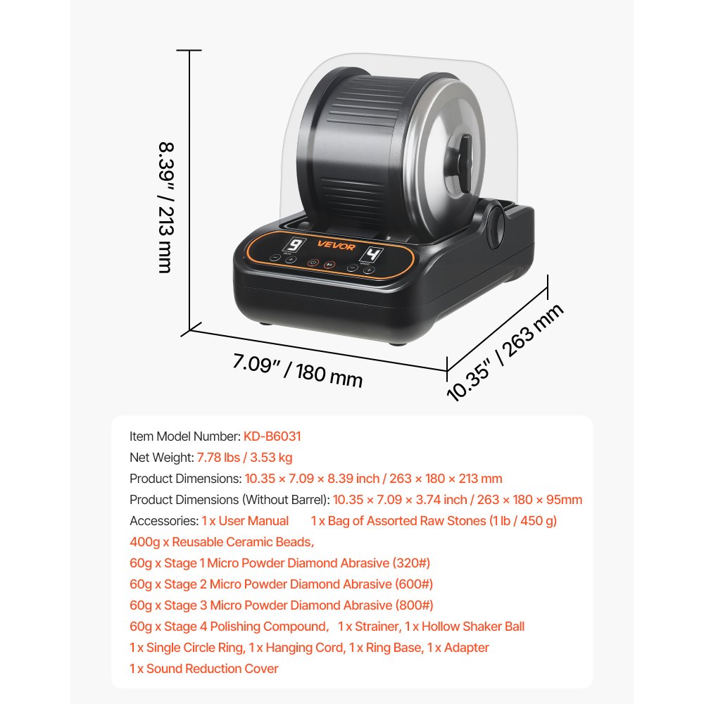 VEVOR Rock Tumbler Kit 3 lbs Rock Polishing Machine Rocks Tumbling Kit, for Adults Beginners and Hobbyists, 4 Speed, 1-9 Day Timer, with PC Sound Reduction Cover & TPU Drum, Direct Drive Motor