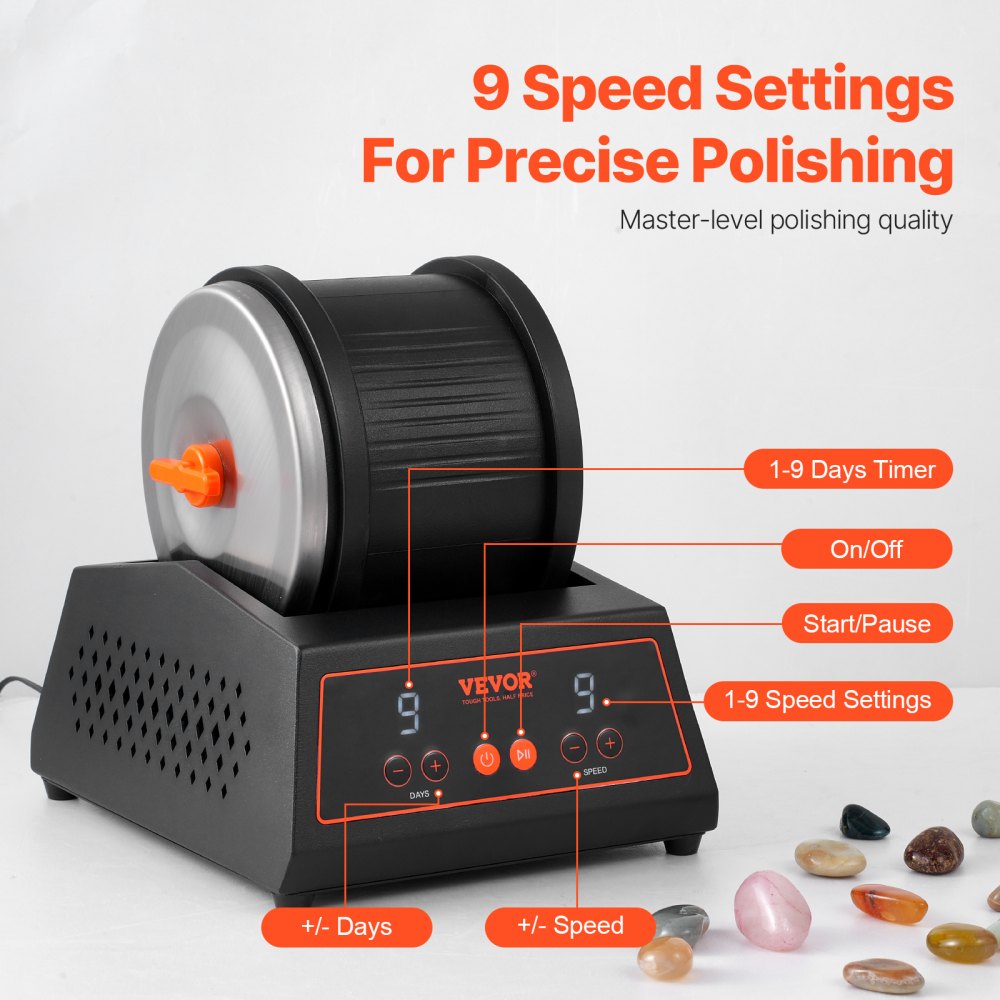 VEVOR Rock Tumbler Machine, 4 lbs Rock Polishing Machine, 9 Speed Settings 9-Day Polishing Timer Stone Tumbler, Direct Drive Motor Rock Polisher, Cold-rolled Steel Body, Rock Polisher for Kids Adults