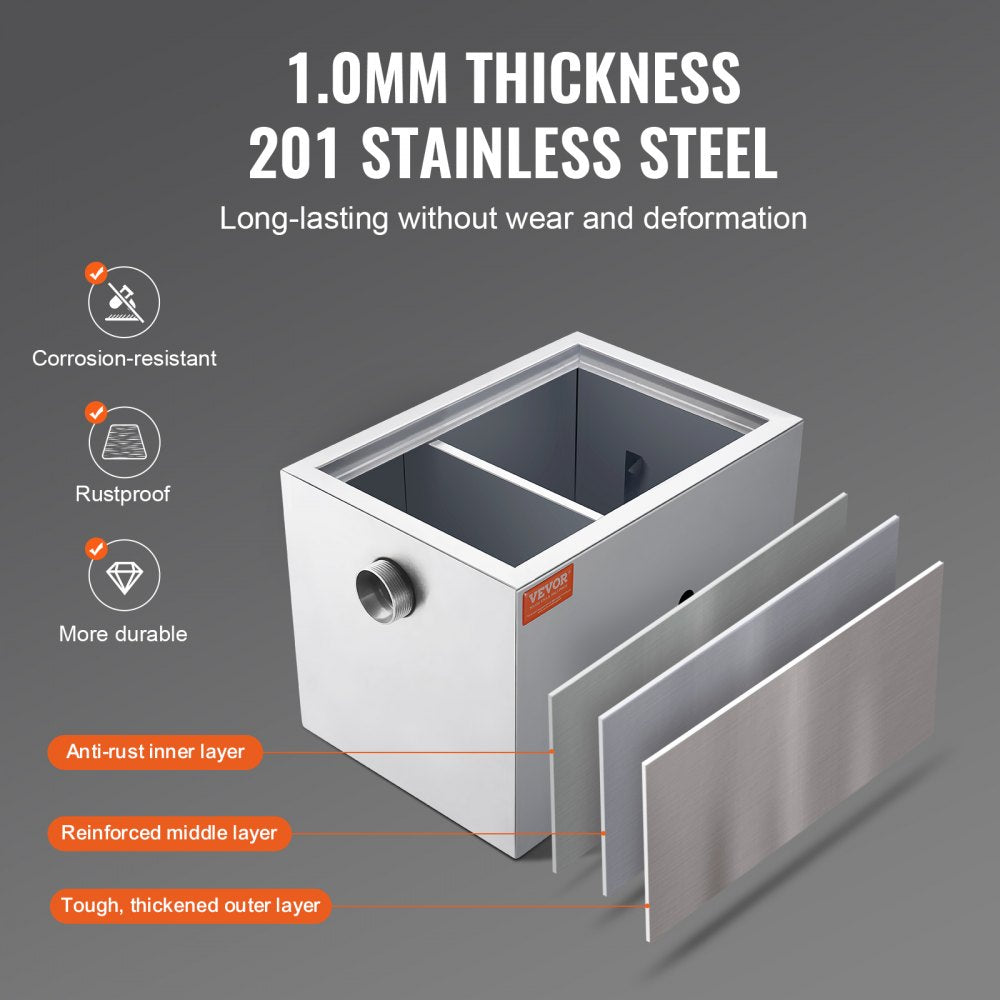 VEVOR Commercial Grease Trap, 8 LBS Grease Interceptor, Side Inlet Interceptor, Under Sink Stainless Steel Grease Trap, 2.8 GPM Waste Water Oil-water Separator, for Restaurant Canteen Home Kitchen