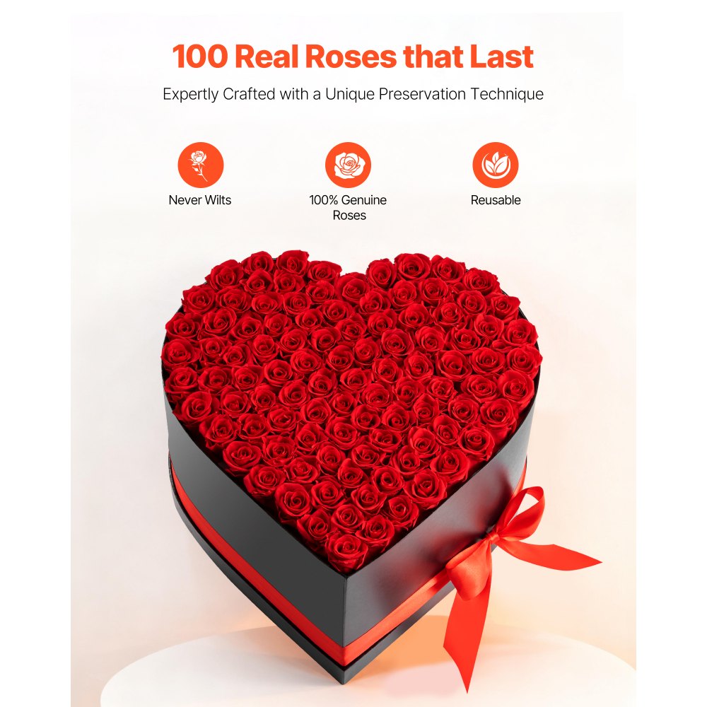 VEVOR Forever Flowers, 100 Preserved Roses in a Heart Shape Box, Eternal Flowers Immortal Bouquet Birthday Present for Women Her Wife Mothers, Anniversary, Valentine's Day,Christmas, Red