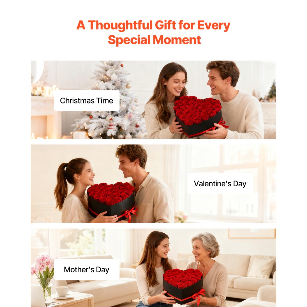 VEVOR Forever Flowers, 27 Preserved Roses in a Heart Shape Box, Eternal Flowers Immortal Bouquet Birthday Present for Delivery Prime Women Her Wife Mothers, Anniversary, Valentine's Day,Christmas, Red
