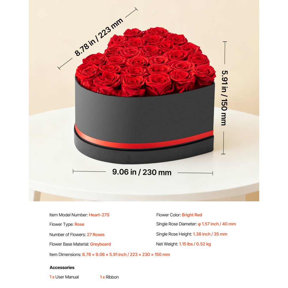 VEVOR Forever Flowers, 27 Preserved Roses in a Heart Shape Box, Eternal Flowers Immortal Bouquet Birthday Present for Delivery Prime Women Her Wife Mothers, Anniversary, Valentine's Day,Christmas, Red