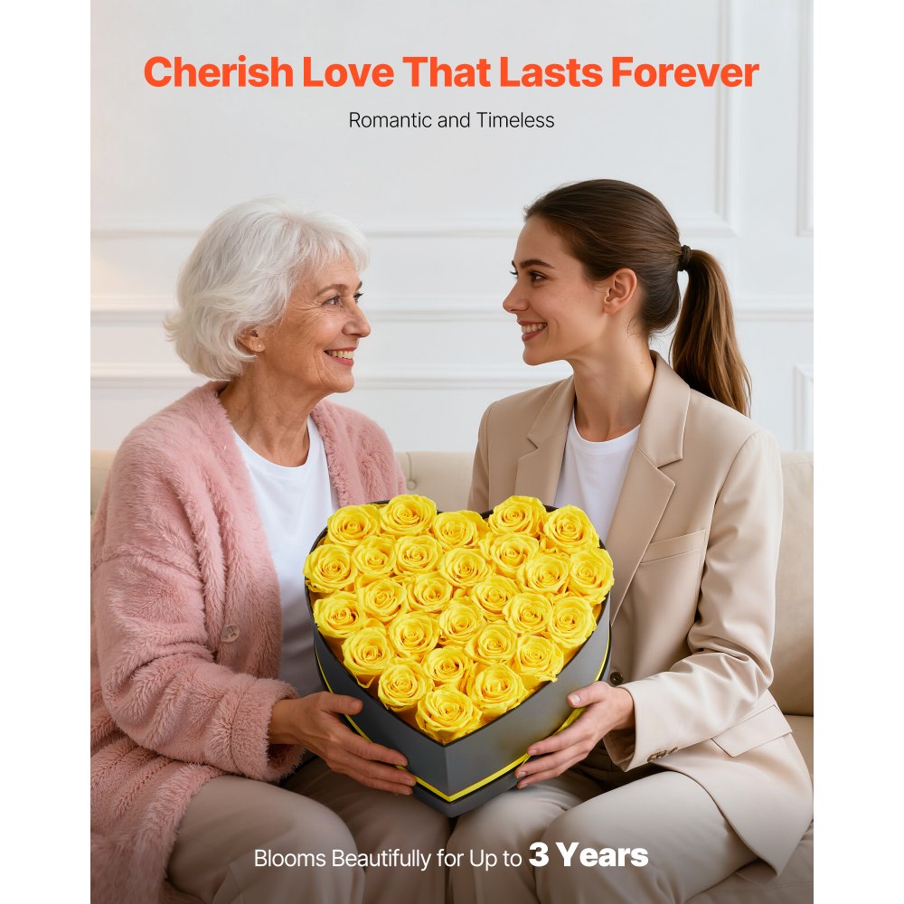VEVOR Forever Flowers, 27 Preserved Roses in a Heart Shape Box, Eternal Flowers Immortal Bouquet Birthday Present for Women Her Wife Mothers, Anniversary, Valentine's Day,Christmas, Yellow