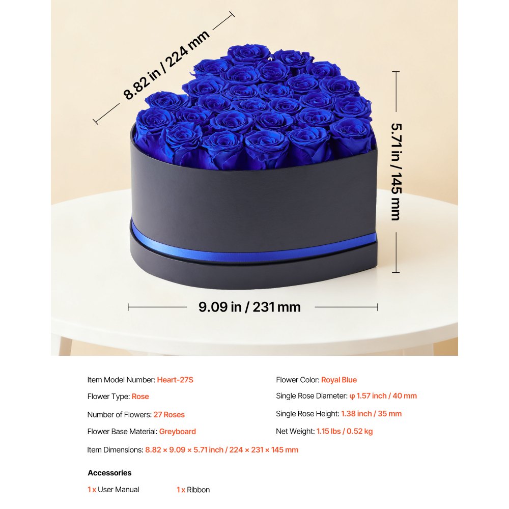 VEVOR Forever Flowers, 27 Preserved Roses in a Heart Shape Box, Eternal Flowers Immortal Bouquet Birthday Present for Women Her Wife Mothers, Anniversary, Valentine's Day,Christmas, Royal Blue