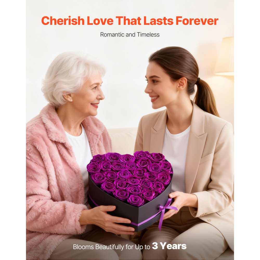 VEVOR Forever Flowers, 27 Preserved Roses in Heart Shape Box, Eternal Flowers Immortal Bouquet Birthday Present for Women Her Wife Mothers, Anniversary, Valentine's Day,Christmas, Purple