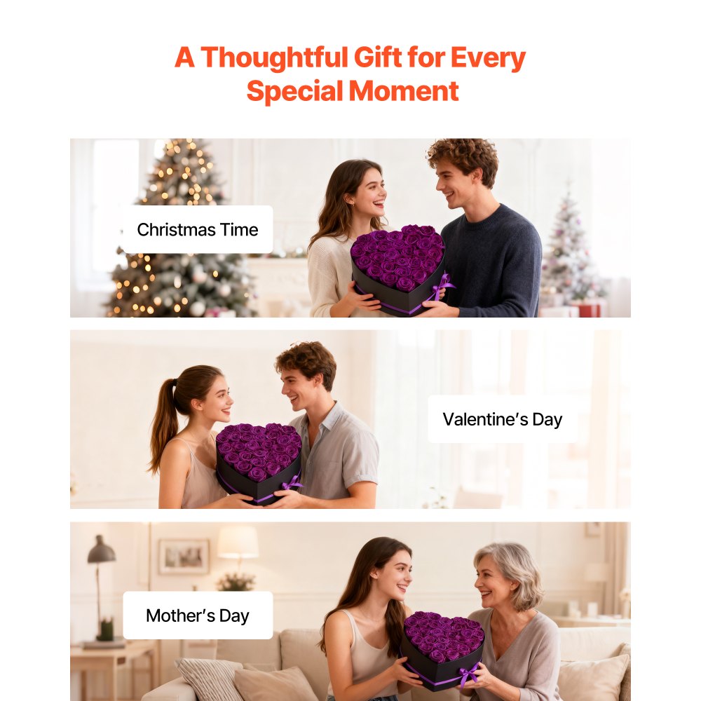 VEVOR Forever Flowers, 27 Preserved Roses in Heart Shape Box, Eternal Flowers Immortal Bouquet Birthday Present for Women Her Wife Mothers, Anniversary, Valentine's Day,Christmas, Purple