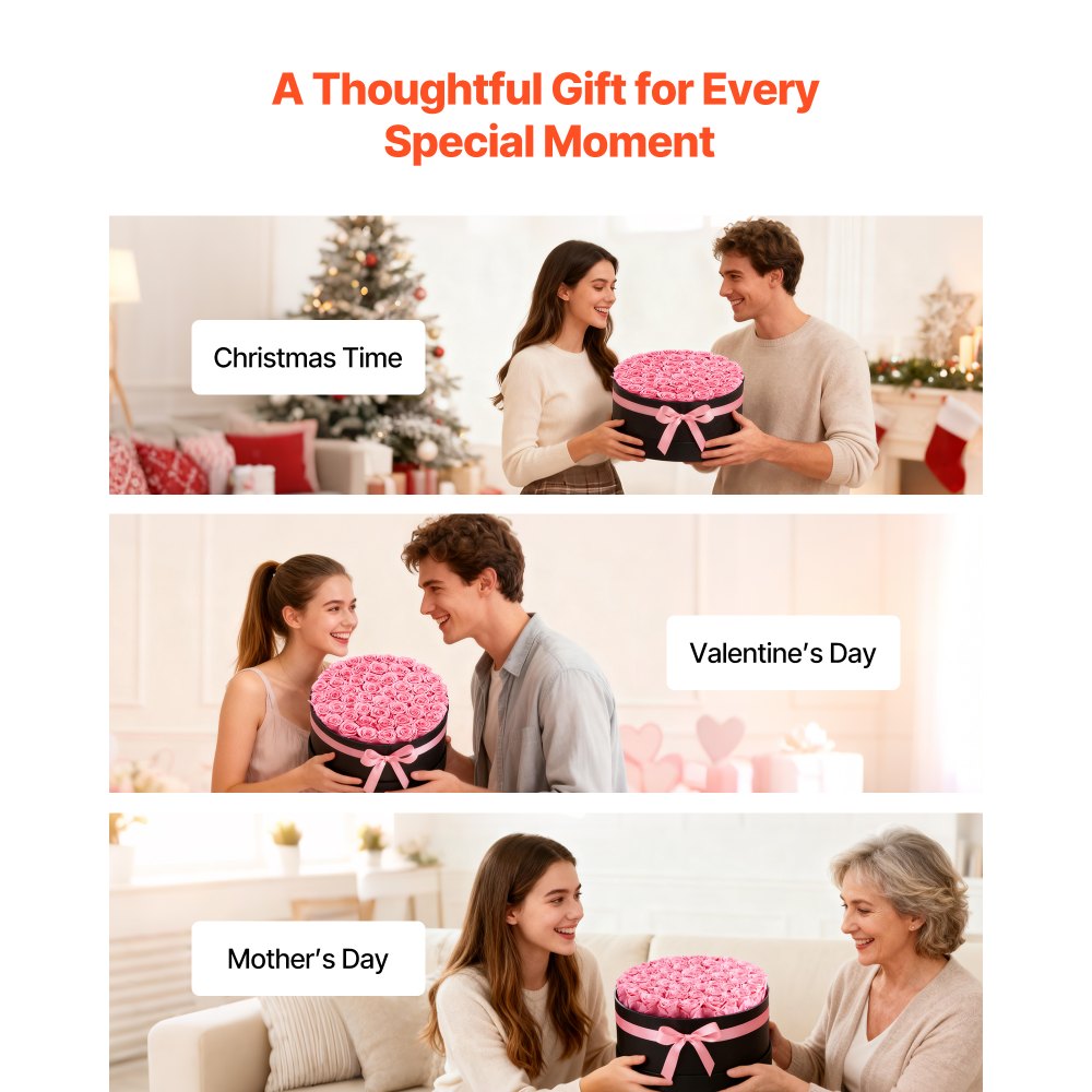 VEVOR Forever Flowers, 50 Preserved Roses in a Box, Eternal Flowers Immortal Bouquet Birthday Present for Delivery Prime Women Her Wife Mothers, Anniversary, Valentine's Day,Christmas, Sweet Pink
