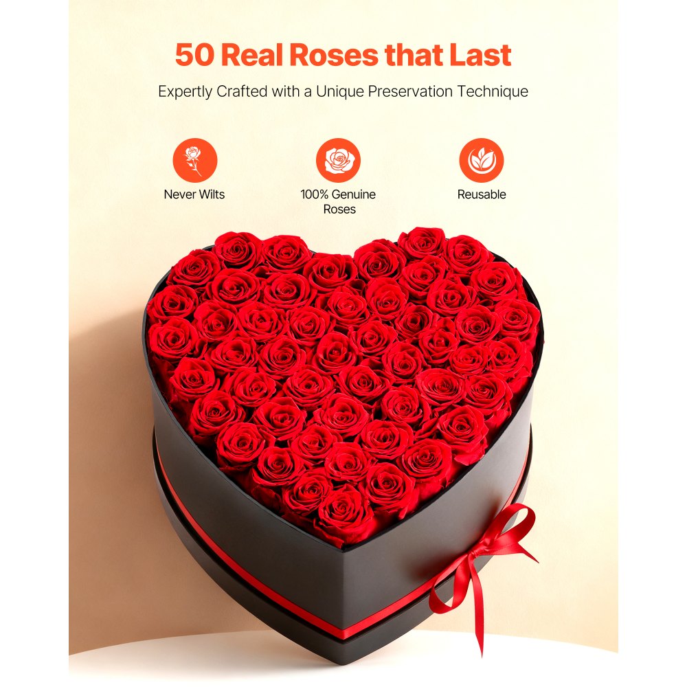 VEVOR Forever Flowers, 50 Preserved Roses in a Heart Shape Box, Eternal Flowers Immortal Bouquet Birthday Present for Delivery Prime Women Her Wife Mothers, Anniversary, Valentine's Day,Christmas, Red