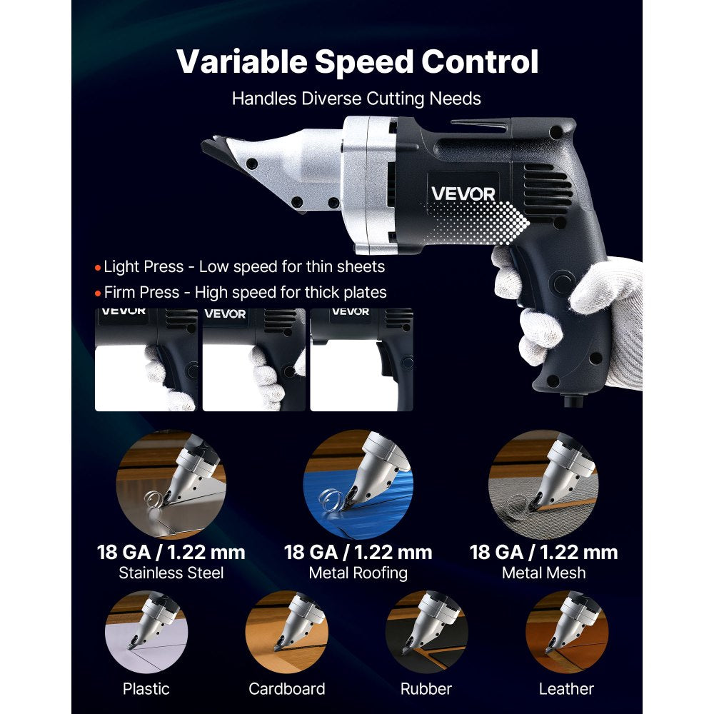VEVOR Electric Metal Shear, 4.0-Amp Corded Sheet Metal Cutter with 360-Degree Swivel Head, Variable Speed, Continuous Cutting, Clean Cut for 18GA Galvanized Steel, 20 GA Stainless Steel, 2500 SPM
