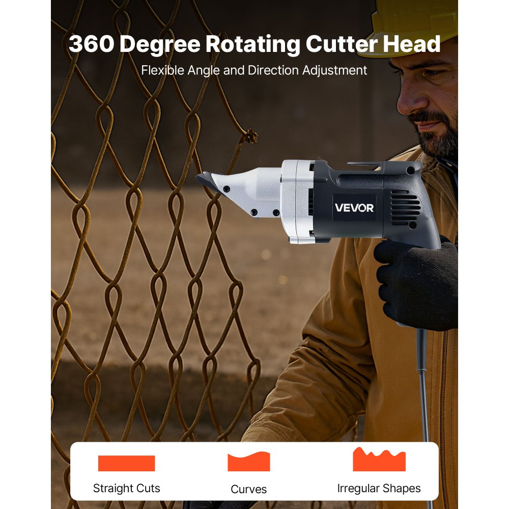 VEVOR Electric Metal Shear, 4.0-Amp Corded Sheet Metal Cutter with 360-Degree Swivel Head, Variable Speed, Continuous Cutting, Clean Cut for 18GA Galvanized Steel, 20 GA Stainless Steel, 2500 SPM
