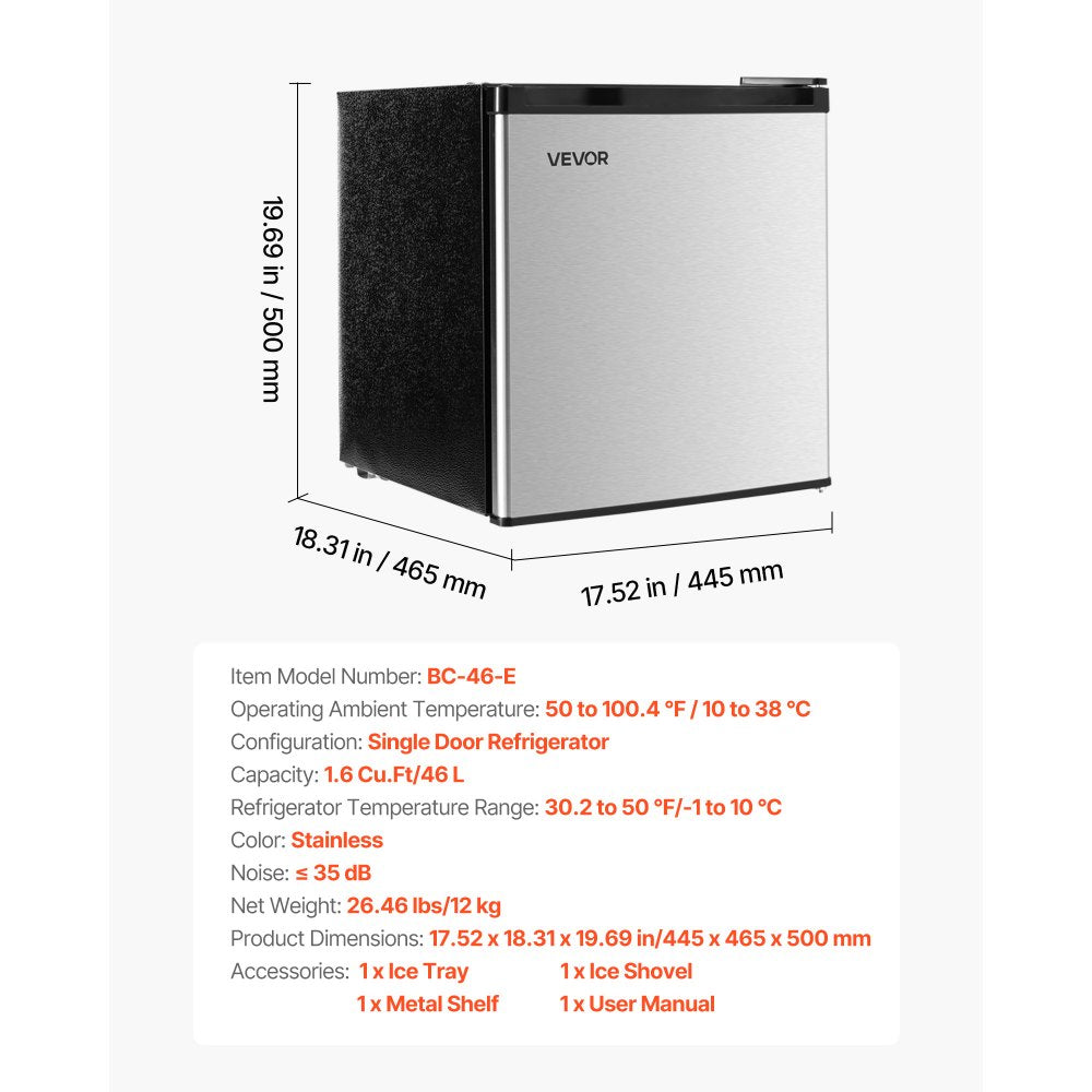 VEVOR Mini Fridge, 1.6 Cu.Ft, Single Door Compact Refrigerator, Adjustable Temperature, Metal Shelf, Energy Efficient Small Refrigerator, Reversible Door, Low Noise, for Bedroom, Office, Stainless