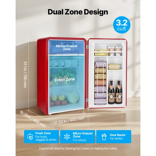 VEVOR mini fridge 3.2 cu.ft dual zone design layout with interior view