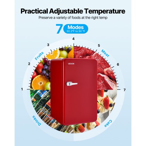VEVOR mini fridge 3.2 cu.ft adjustable temperature control graphic
