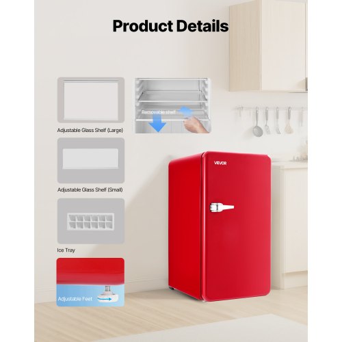VEVOR mini fridge 3.2 cu.ft product details showing shelves ice tray and adjustable feet